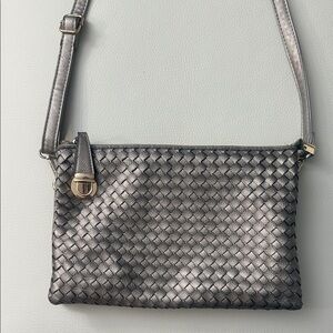 Chic Metallic Pewter Woven Crossbody Bag